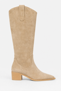 Bottes Santiags Hautes en Daim Beige à Bout Pointu