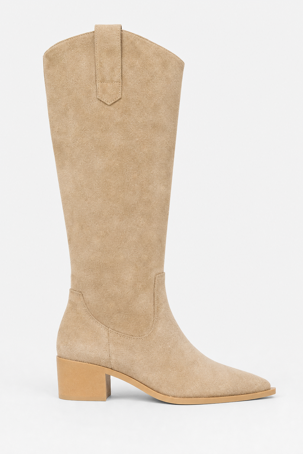 Bottes Santiags Hautes en Daim Beige à Bout Pointu