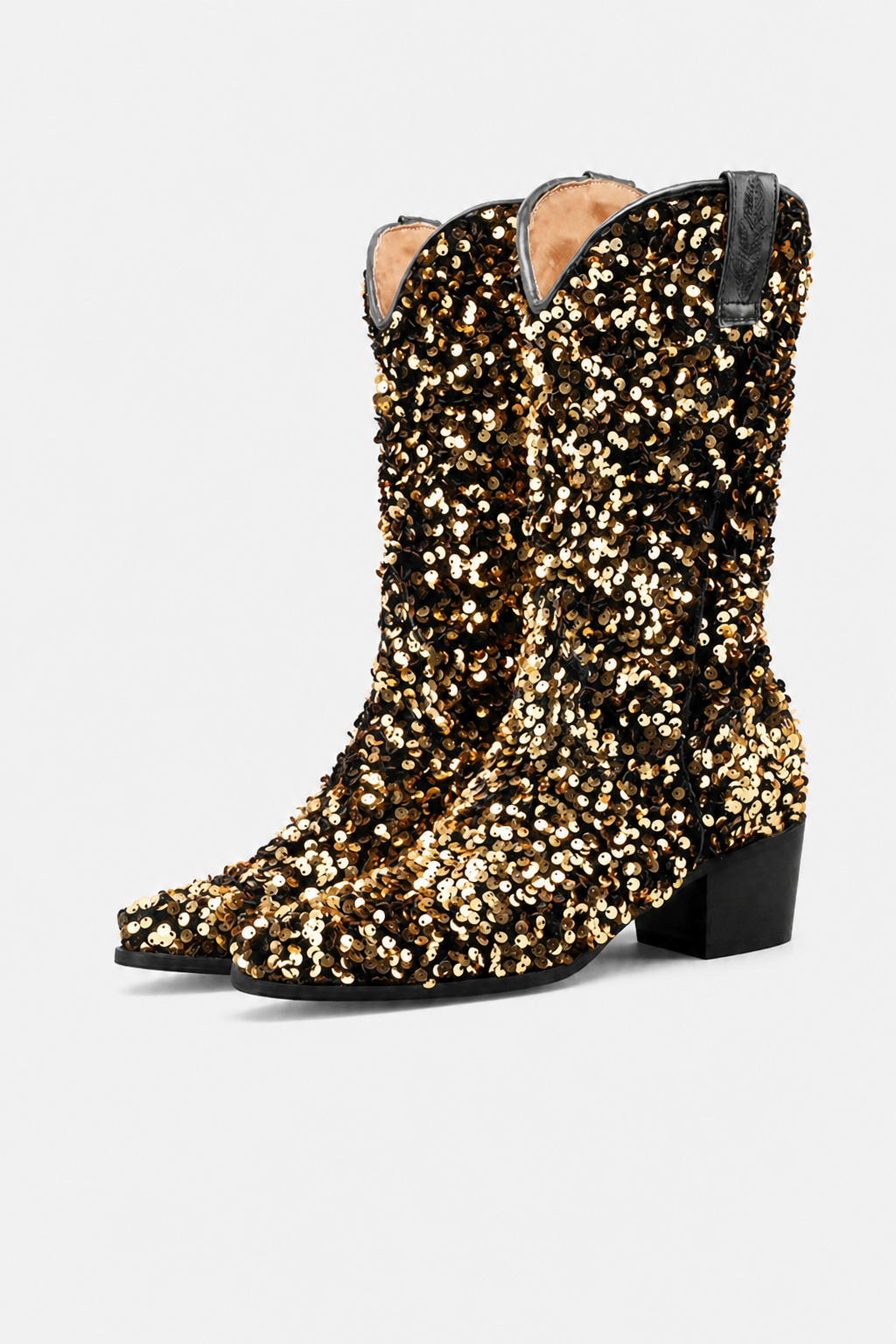 Bottes Santiags à Paillettes Or et Noir Talon 5cm