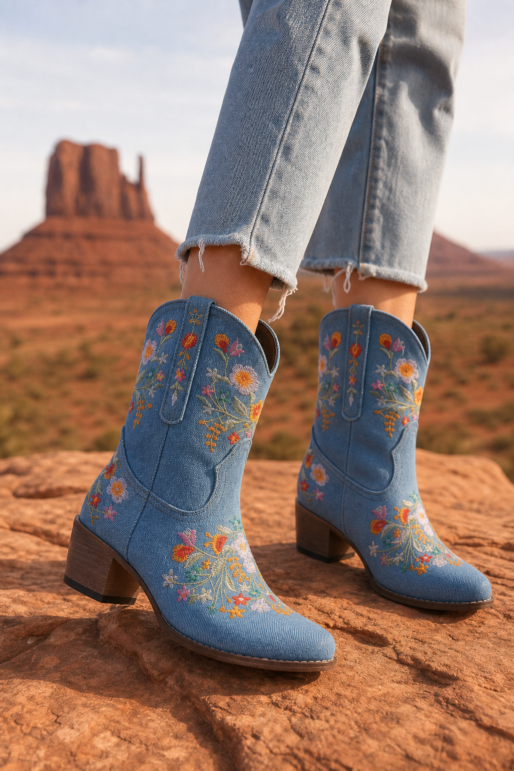 Bottes Santiags en Denim Bleu Clair à Motifs Floraux Brodés