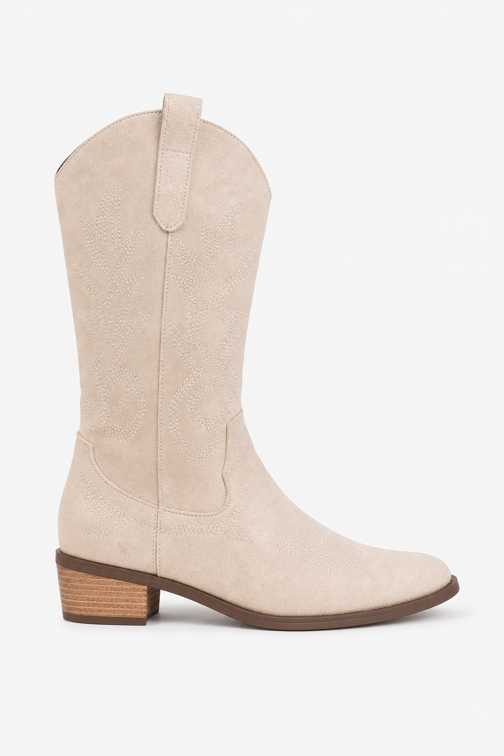 Bottes Montantes Santiags en Daim Beige à Broderies