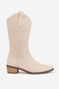 Bottes Montantes Santiags en Daim Beige à Broderies