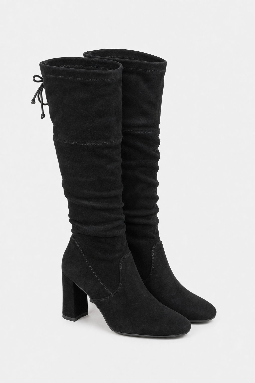 Bottes Cuissardes Noires en Daim Plissées à Talon Bloc