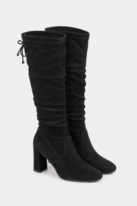 Bottes Cuissardes Noires en Daim Plissées à Talon Bloc