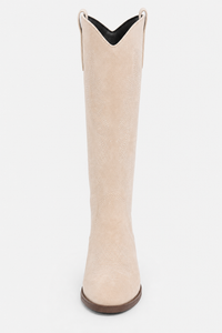 Bottes Montantes Santiags en Daim Beige à Broderies