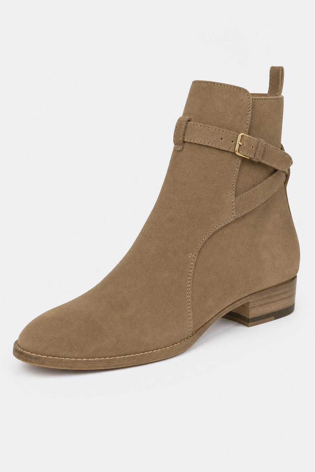 Bottine en Daim Taupe à Bride Bouclée