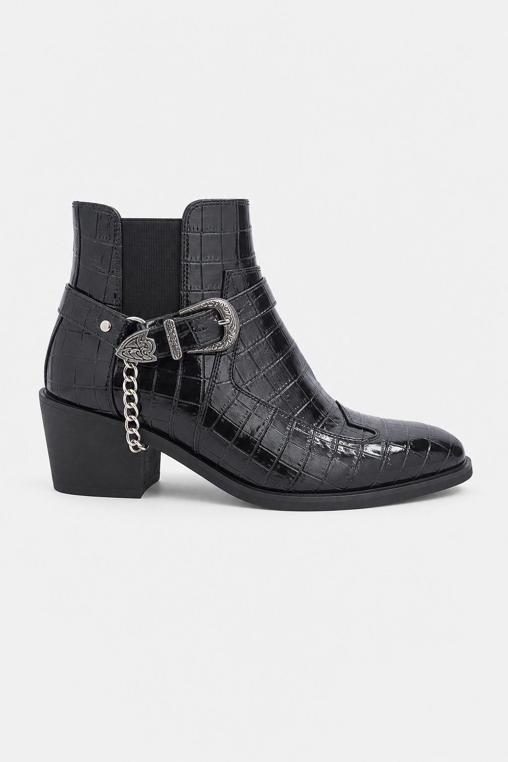 Bottines Noires Effet Croco Verni à Boucle Western et Chaîne