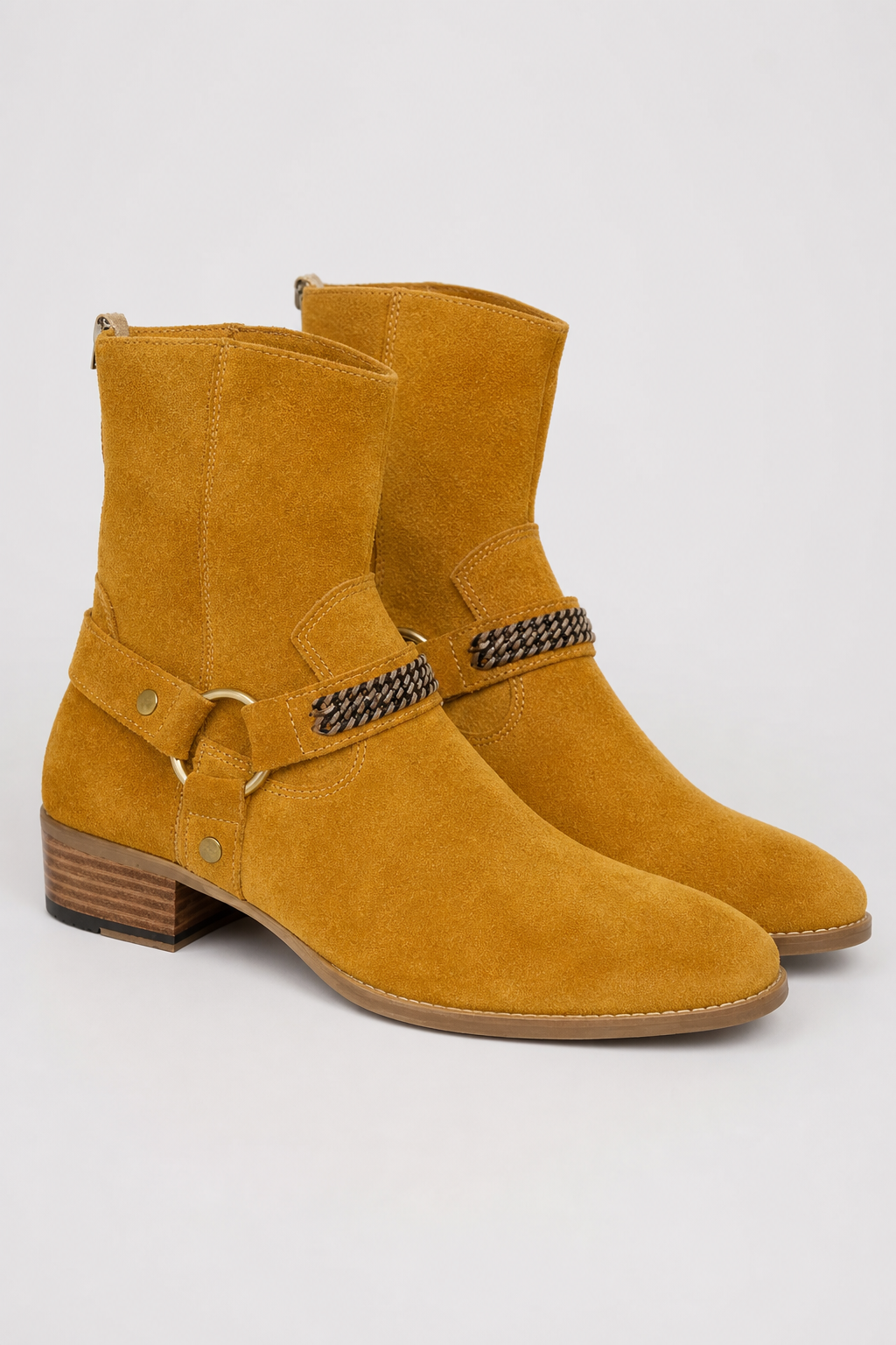 Bottines en Daim Jaune Ocre avec Chaîne et Talon Bloc