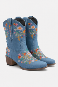 Bottes Santiags en Denim Bleu Clair à Motifs Floraux Brodés