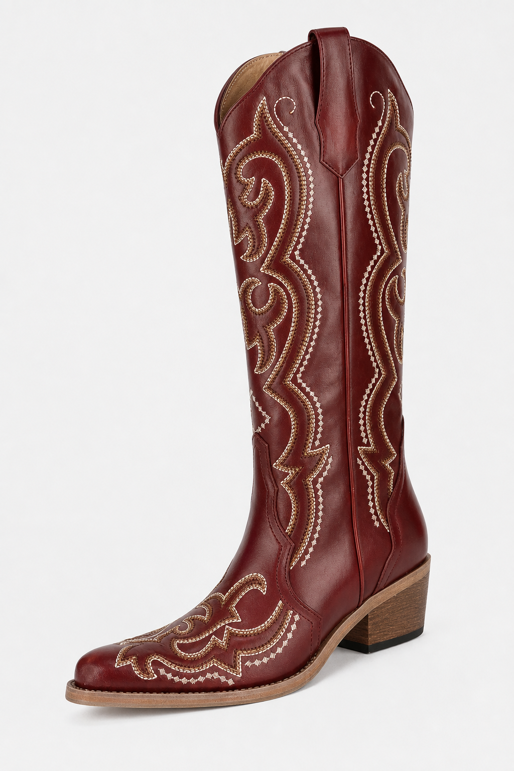 Bottes Santiags Hautes Rouge Bordeaux à Broderies Dorées