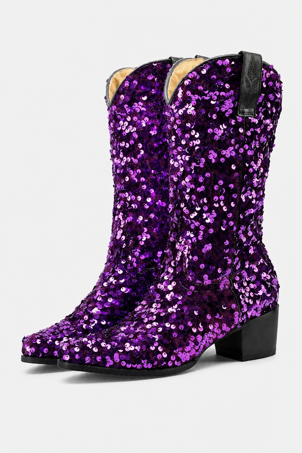 Bottes Santiags Mi-Mollet à Paillettes Violettes
