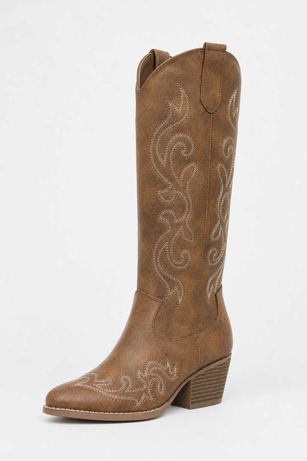 Bottes Santiags Marron en Similicuir à Broderies Blanches