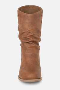 Bottes en Similicuir Marron Froncées à Talon Carré
