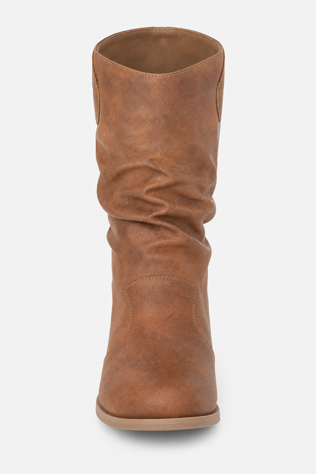 Bottes en Similicuir Marron Froncées à Talon Carré