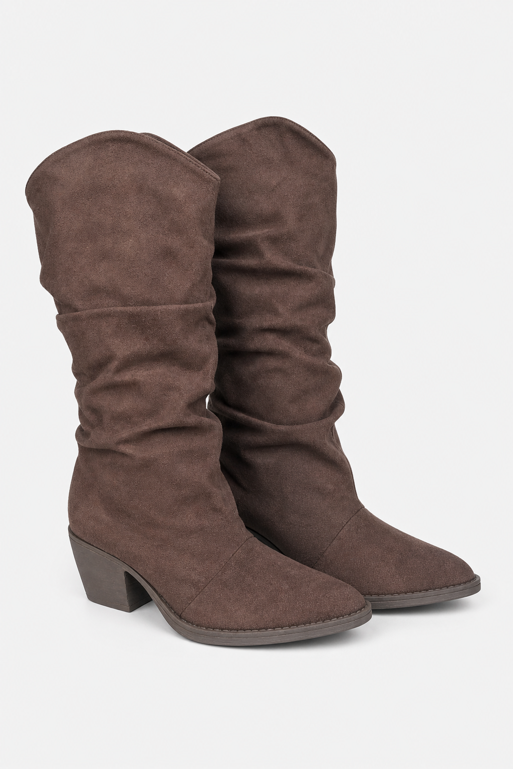 Bottes en Daim Marron Froissées à Talon Bloc