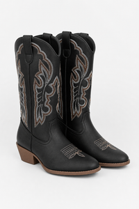 Bottes Santiags Mi-Mollet Noires à Broderies Blanches et Marron