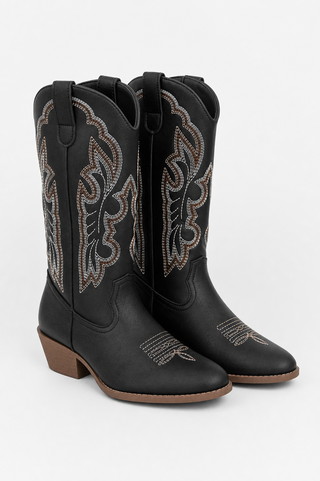 Bottes Santiags Mi-Mollet Noires à Broderies Blanches et Marron