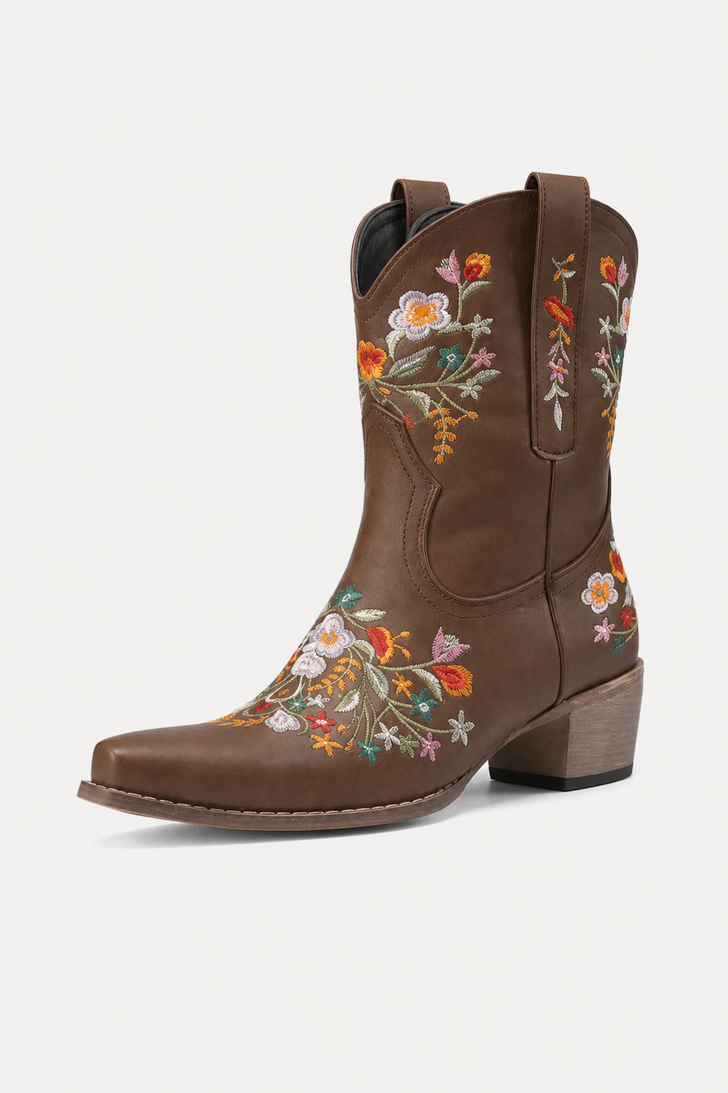 Bottes Santiags en Similicuir Marron à Broderies Florales