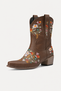Bottes Santiags en Similicuir Marron à Broderies Florales
