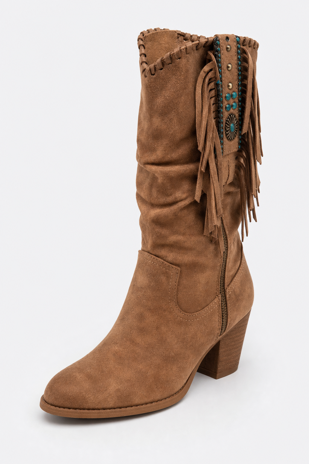 Bottes Western en Daim Camel à Franges Turquoise