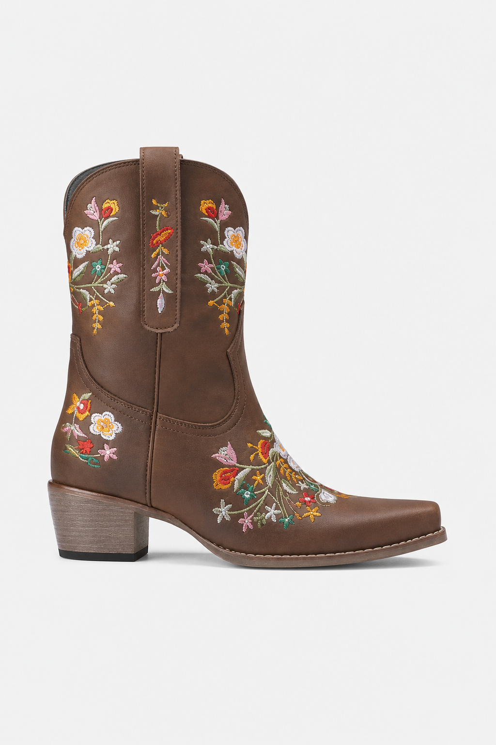Bottes Santiags en Similicuir Marron à Broderies Florales