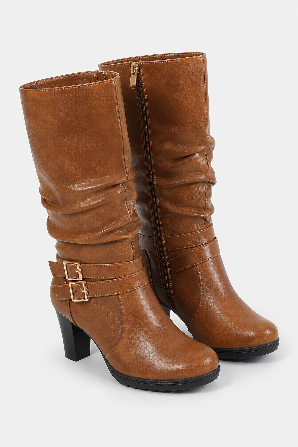 Bottes Mi-Mollet Marron Plissées avec Boucles