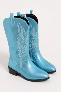 Santiags en Similicuir Bleu Métallique à Broderies