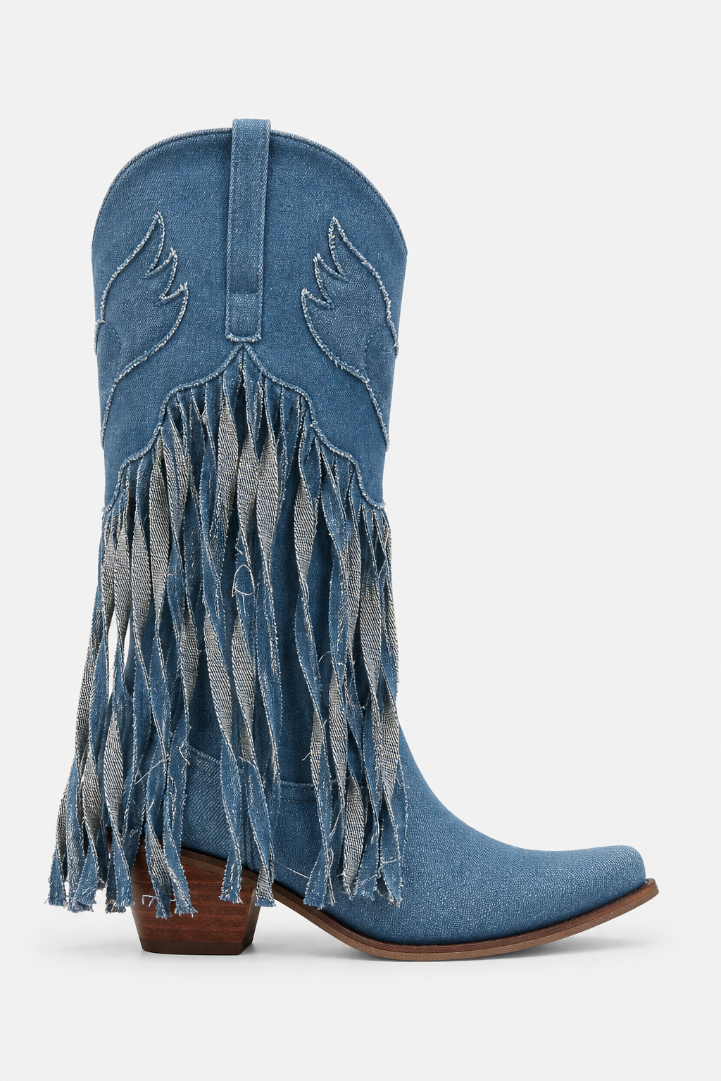 Bottes Santiags en Jean Bleu avec Motifs Ailés et Franges