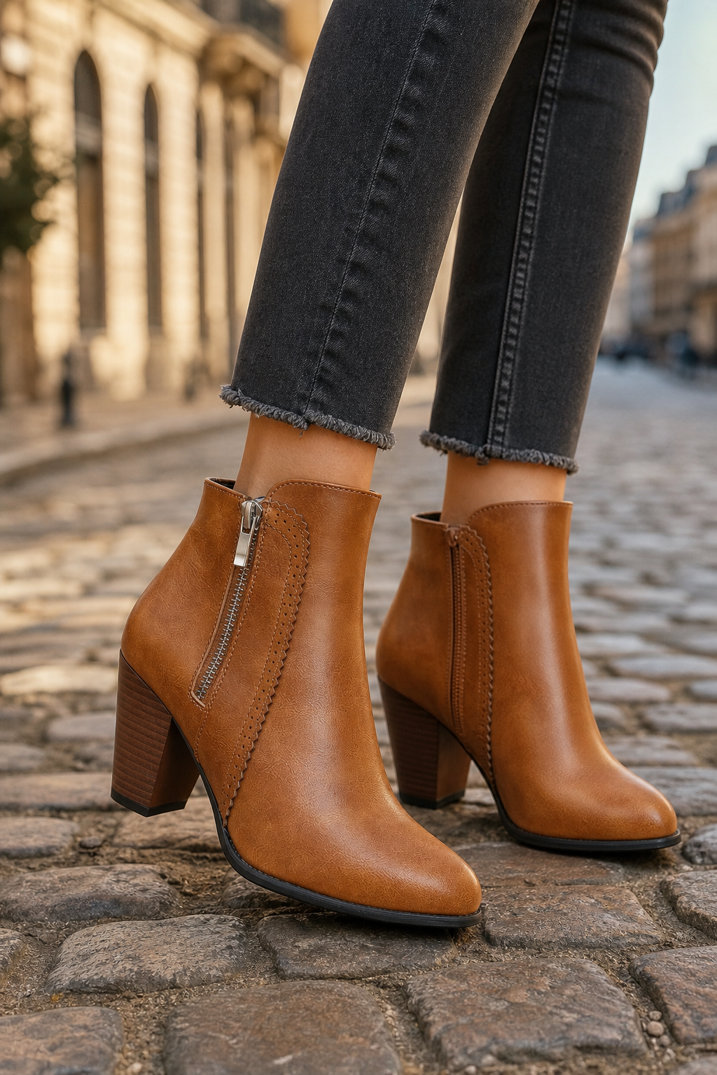 Bottines Camel à Talon Bloc avec Bordure Festonnée