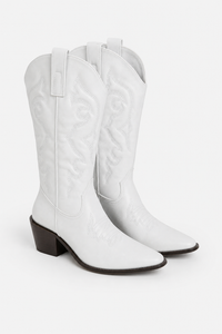 Bottes Santiags Blanches Mi-Mollet Brodées