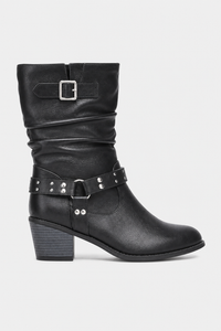 Bottes Noires Plissées à Brides Cloutées et Talon Bloc