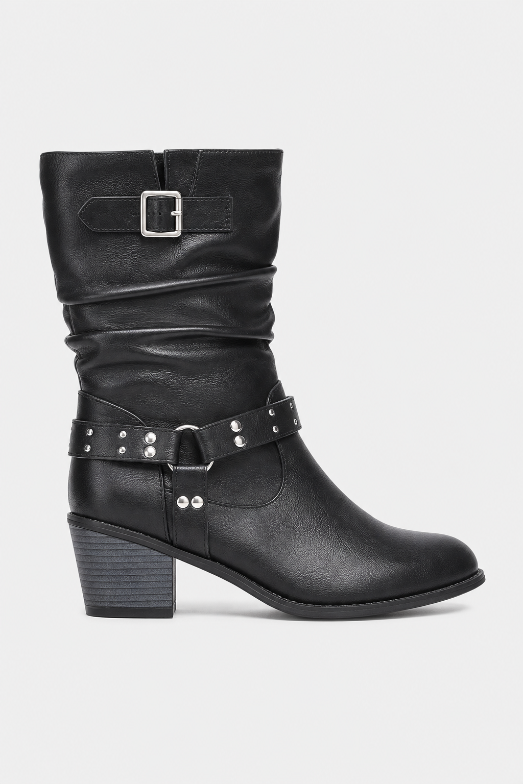 Bottes Noires Plissées à Brides Cloutées et Talon Bloc