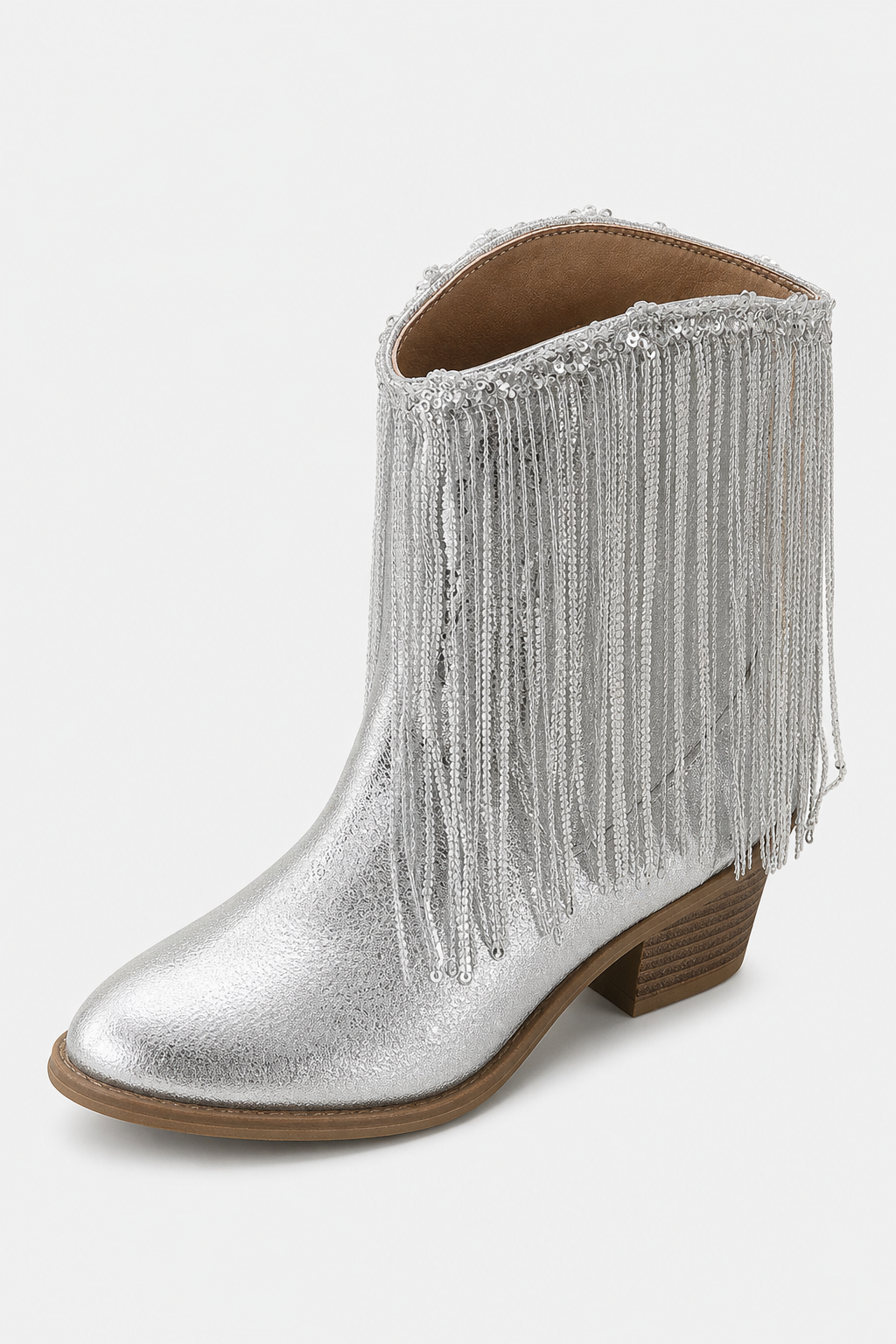 Bottines Argentées à Franges de Paillettes et Talon Carré