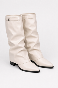 Bottes Mi-Mollet Tombantes en Similicuir Crème