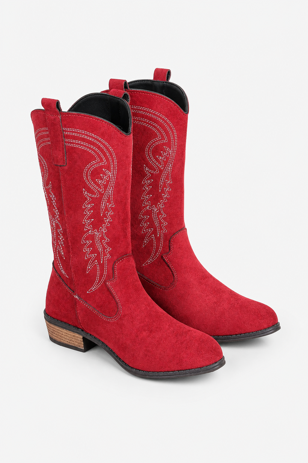 Bottes de Cowboy Mi-Hautes en Daim Rouge à Broderies Western