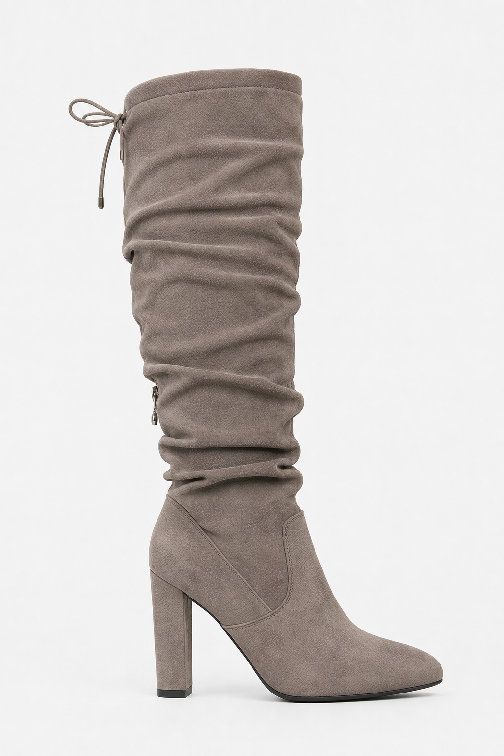 Bottes Cuissardes Froncées en Daim Gris à Talon Bloc