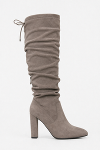 Bottes Cuissardes Froncées en Daim Gris à Talon Bloc
