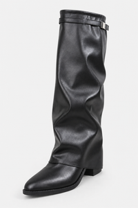Bottes Montantes Plissées en Similicuir Noir à Boucle