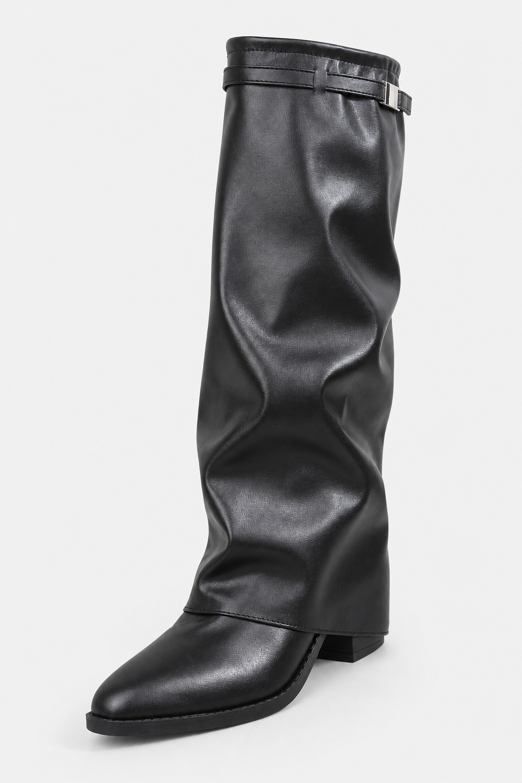 Bottes Montantes Plissées en Similicuir Noir à Boucle