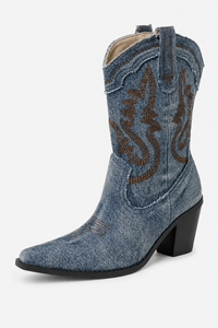 Bottes Santiags en Jean Bleu à Broderies Marron
