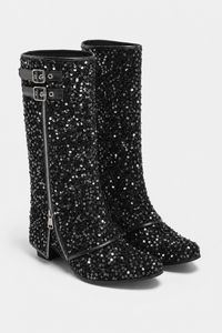 Bottes Santiags Pailletées Noires à Boucles