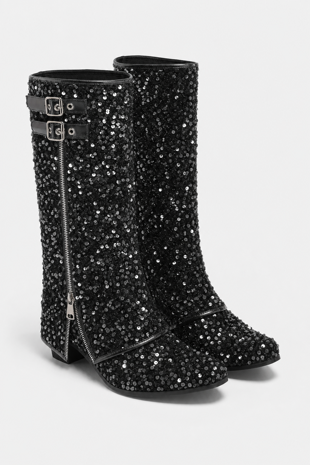 Bottes Santiags Pailletées Noires à Boucles