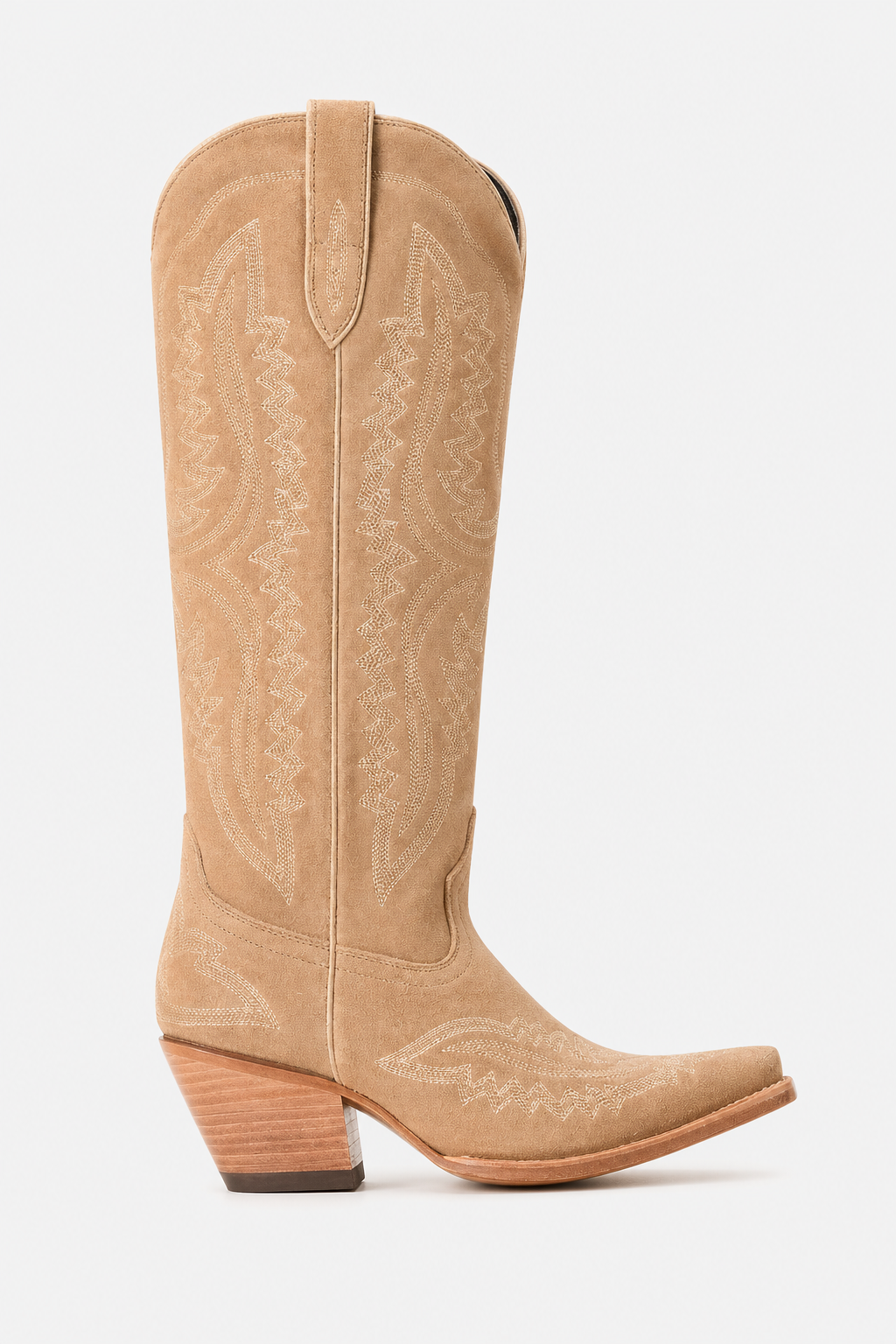 Bottes Santiags Hautes en Daim Beige Brodé