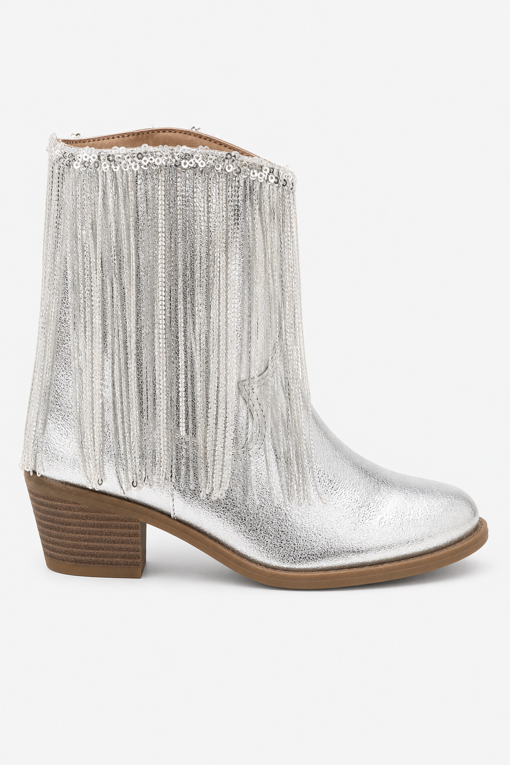 Bottines Argentées à Franges de Paillettes et Talon Carré