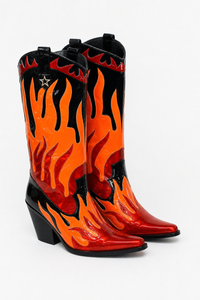 Bottes Santiags Vernies Noires à Flammes Oranges