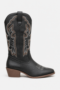 Bottes Santiags Mi-Mollet Noires à Broderies Blanches et Marron