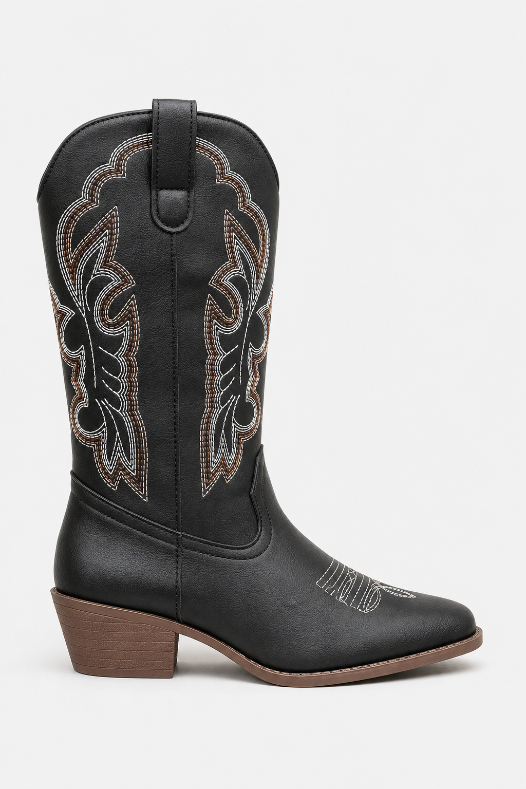 Bottes Santiags Mi-Mollet Noires à Broderies Blanches et Marron