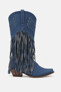 Bottes Country en Denim Bleu à Ailes Brodées et Franges