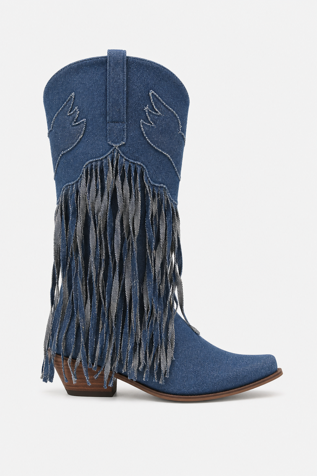 Bottes Country en Denim Bleu à Ailes Brodées et Franges