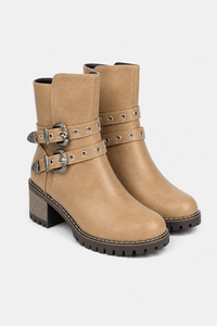 Bottines Biker en Similicuir Beige à Boucles Ornées